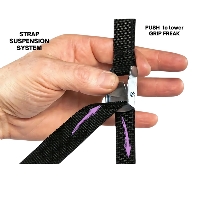 Thread the black strap through the metal buckle as shown by the purple arrows—ideal for setting up your GRIP FREAK Fat Grip Wrist Roller Forearm Workout Tool - Plate Holder for effective forearm exercises.