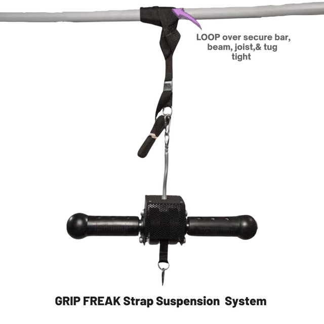 The GRIP FREAK Fat Grip Wrist Roller Forearm Workout Tool - Plate Holder is a black strap system with handlebar, looped over a bar and ideal for wrist roller movements and forearm exercises.