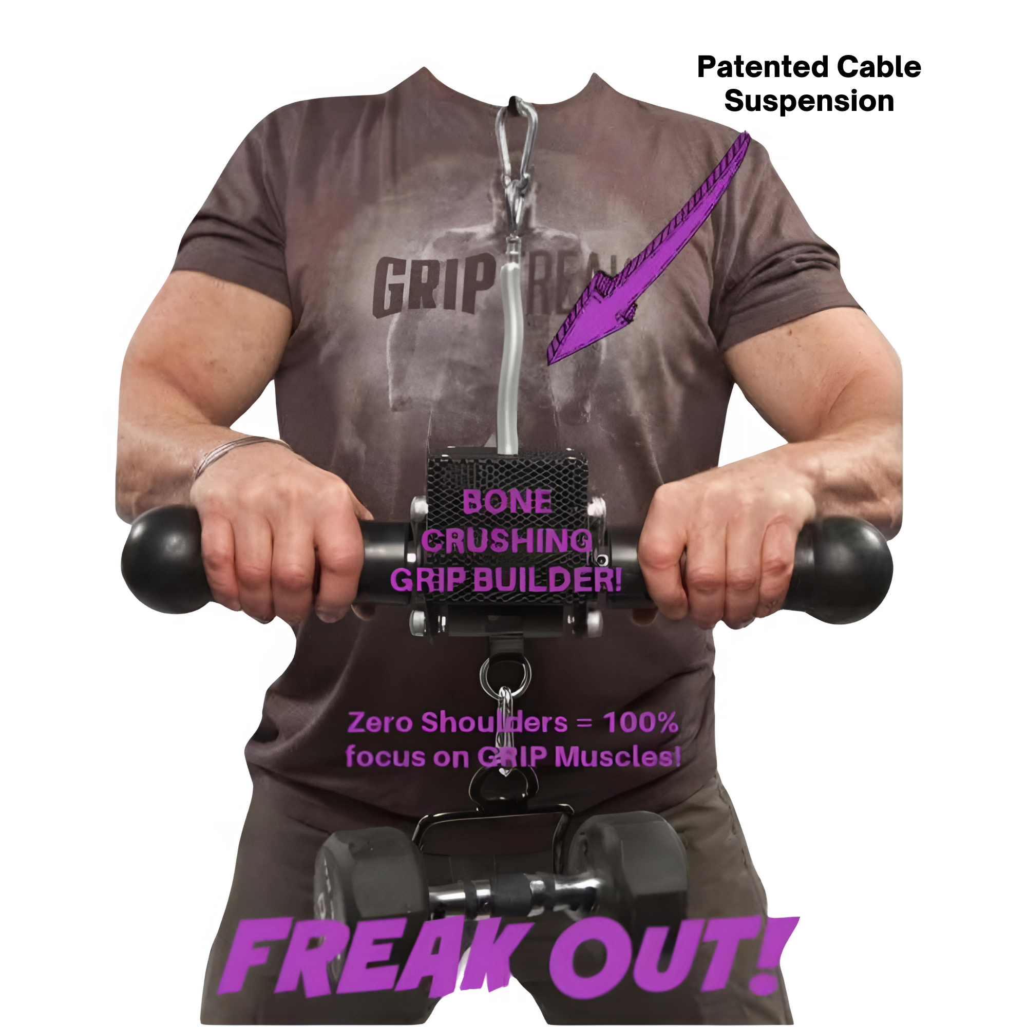 A person uses the GRIP FREAK Fat Grip Wrist Roller Forearm Workout Tool - Plate Holder, emphasizing its focus on grip muscles, "bone crushing" grip strength, and effective forearm exercises.