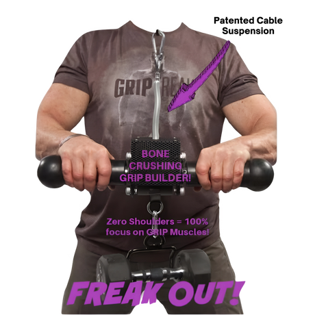 A person uses the GRIP FREAK Fat Grip Wrist Roller Forearm Workout Tool - Plate Holder, emphasizing its focus on grip muscles, "bone crushing" grip strength, and effective forearm exercises.