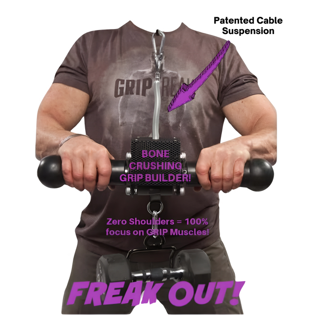 A person uses the GRIP FREAK Fat Grip Wrist Roller Forearm Workout Tool - Plate Holder, emphasizing its focus on grip muscles, "bone crushing" grip strength, and effective forearm exercises.