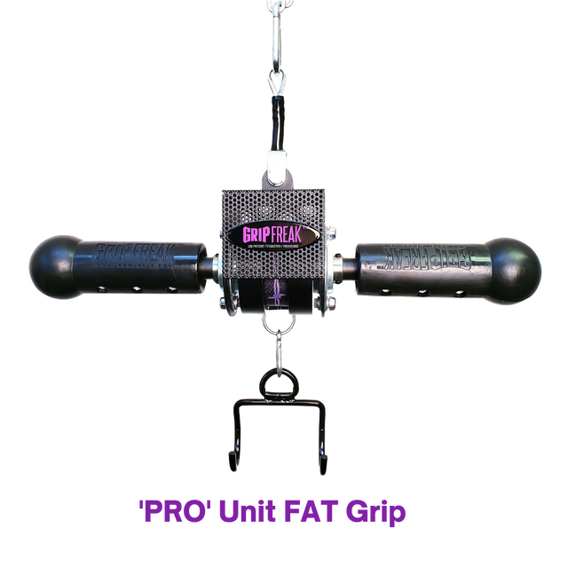 A black GRIP FREAK Fat Grip Wrist Roller Forearm Workout Tool - Plate Holder for strength training and forearm exercises, isolated on a white background.