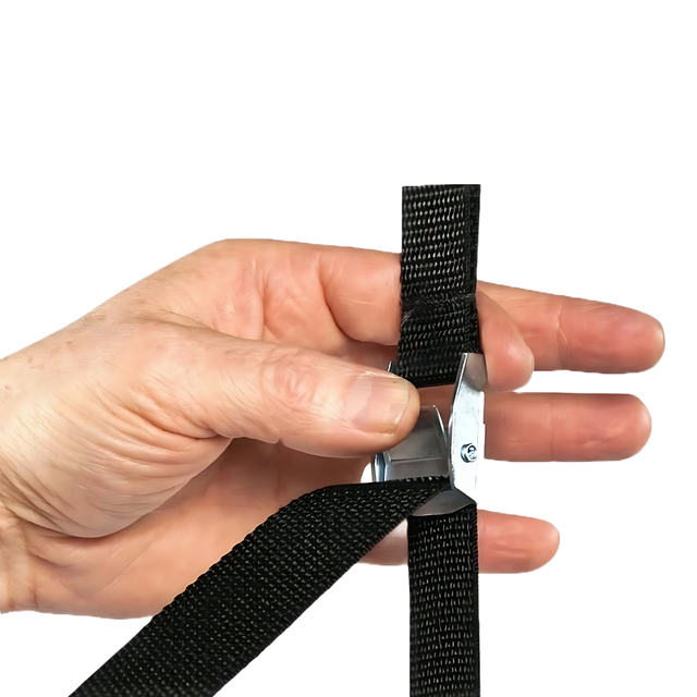 A hand threading the GRIP FREAK 'Slip Grip' Brutal Hand Grip Strengtheners - Plate Holder (N/C) through a metal cam buckle against a white background, demonstrating the powerful grip needed for intense forearm workouts.