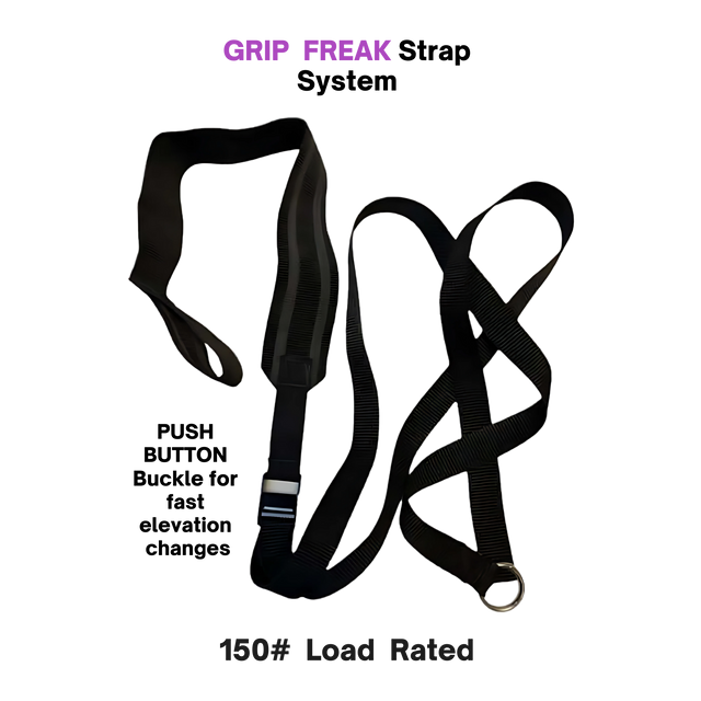The GRIP FREAK 'Slip Grip' Brutal Hand Grip Strengtheners - Plate Holder (N/C) features a black adjustable strap with handles and metal ring, rated for 150# load—ideal for grip strength or intense forearm workouts.