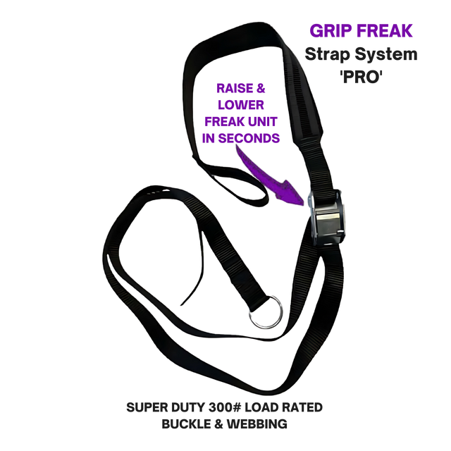GRIP FREAK 'Slip Grip' Brutal Hand Grip Strengtheners - Plate Holder (N/C) features a black heavy-duty adjustable strap with silver buckle and purple instruction labels—perfect for wrist roller exercises to boost grip strength and forearm power.