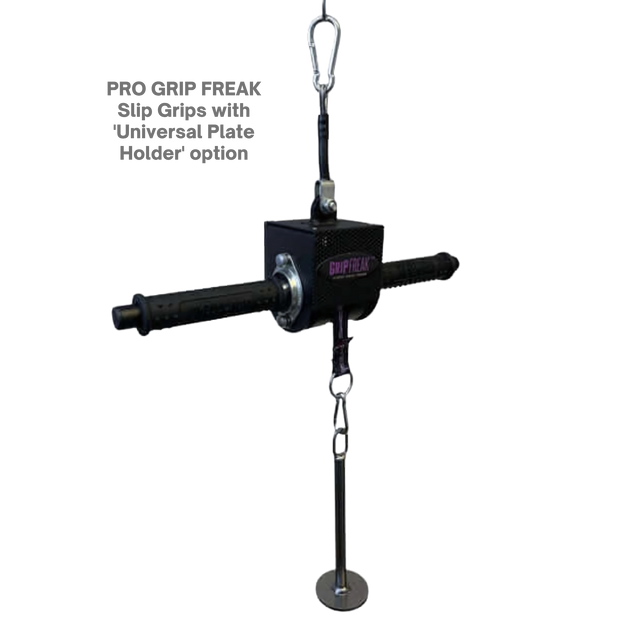 The GRIP FREAK 'Slip Grip' Brutal Hand Grip Strengtheners with Plate Holder (N/C) are perfect for intense forearm workouts and enhancing grip strength during training sessions.