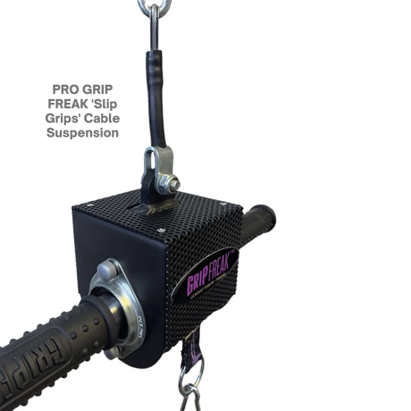 Black GRIP FREAK 'Slip Grip' Brutal Hand Grip Strengtheners - Plate Holder (N/C), shown holding a grip handle, designed for intense grip strength and forearm workouts, isolated on a black background.