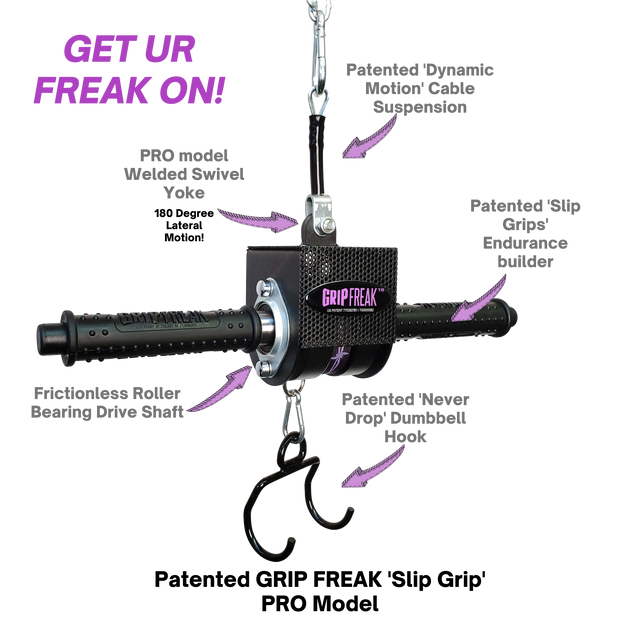 Black and silver GRIP FREAK 'Slip Grip' Brutal Hand Grip Strengtheners - Plate Holder (N/C), labeled features, ideal for forearm workouts and grip targeting. "GET UR FREAK ON!" appears in bold purple text above.