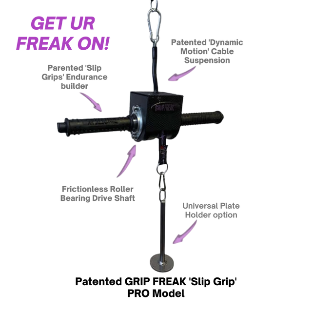 GRIP FREAK 'Slip Grip' Brutal Hand Grip Strengtheners - Plate Holder (N/C) with labeled features, designed for grip targeting and forearm workouts. “GET UR FREAK ON!” appears in bold purple letters at the top left.