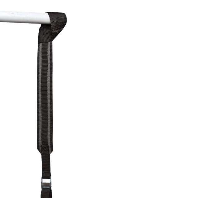 The GRIP FREAK Universal Suspension Strap System for forearm workout tools is a black strap that wraps around a white horizontal bar and secures with velcro.