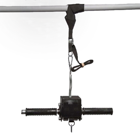 The GRIP FREAK Universal Suspension Strap System hangs from a metal bar, making it ideal for grip training and forearm strength exercises with wrist roller devices.