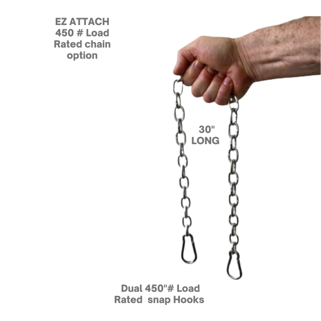 A hand holds two Gymnastic Rings Cable Machine Handles for Roman Ring Workout; text highlights a pair of gym rings with snap hooks and chain specs, featuring a 30-inch length—ideal for attaching to cable machines.
