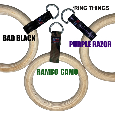 Three Gymnastic Rings Cable Machine Handles for Roman Ring Workouts, in Bad Black, Purple Razor, and Rambo Camo—ideal for adding style and strength to your gym.