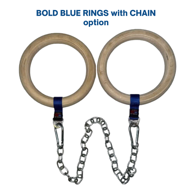 A pair of Gymnastic Rings Cable Machine Handles for Roman Ring Workout, with two birch wood gym rings joined by blue straps and a metal chain, set against a black background.