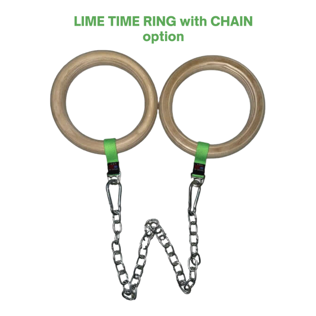 Pair of Gymnastic Rings Cable Machine Handles for Roman Ring Workout—two birch wood rings with green straps and metal chains. Ideal as versatile gym rings or unique cable machine handles for strength training.