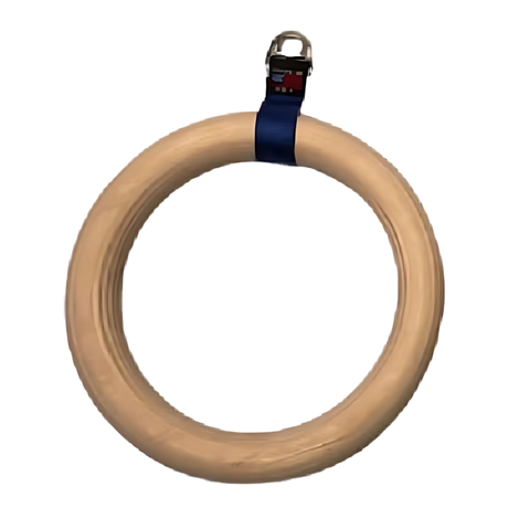 The Gymnastic Rings Cable Machine Handle for Roman Ring Workout is a single gym ring made of solid birch wood with a black strap and metal buckle attached at the top.