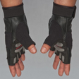 Close-up of two hands wearing HAULIN HOOKS GLOVES 'Mens', featuring black and gray fingerless design, wrist support, and durable goatskin construction.