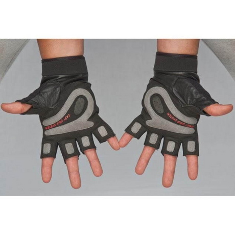 Black and gray HAULIN HOOKS GLOVES 'Mens' are shown on hands with palms facing the camera, highlighting their durable goatskin construction and excellent padding, with red text detailing.
