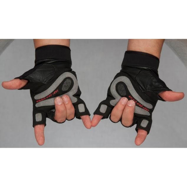 Hands wearing HAULIN HOOKS GLOVES 'Mens' made from rugged goatskin with a black-and-gray design, featuring fingerless coverage and padded fingers and palms for added comfort, gesturing with extended fingers.