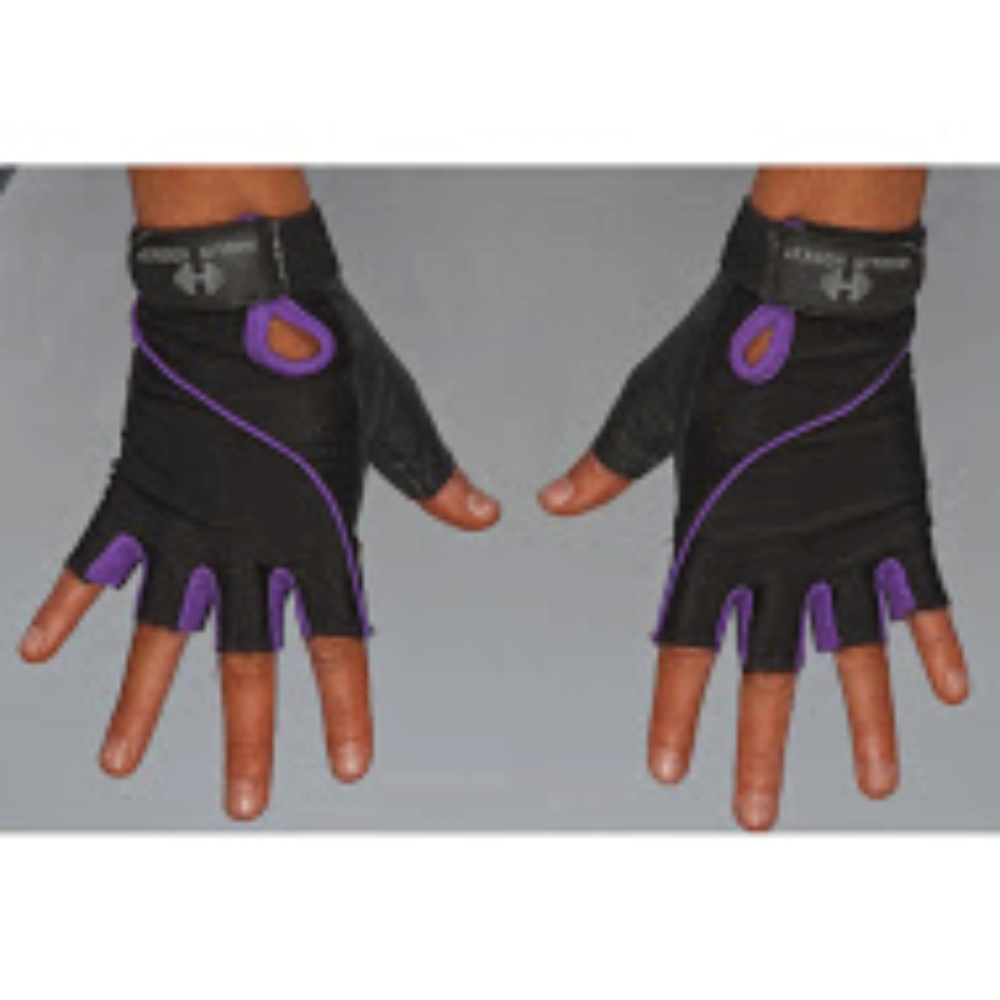 Hands in black and purple HAULIN HOOKS GLOVES 'Womens' fingerless workout gloves with an open back and padded protection. These gloves are machine washable for convenience.