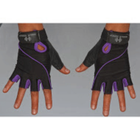 Hands in black and purple HAULIN HOOKS GLOVES 'Womens' fingerless workout gloves with an open back and padded protection. These gloves are machine washable for convenience.