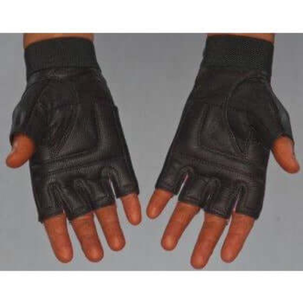 A person showcases the padded protection of HAULIN HOOKS GLOVES 'Womens', wearing fingerless black workout gloves with palms facing up.