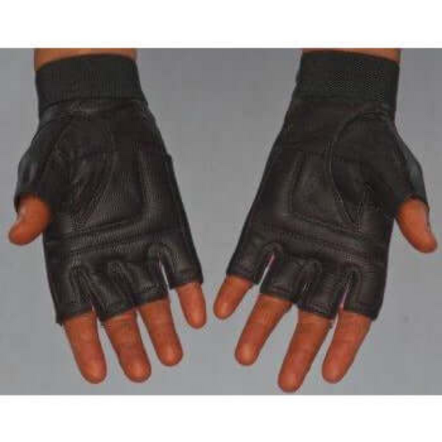 A person showcases the padded protection of HAULIN HOOKS GLOVES 'Womens', wearing fingerless black workout gloves with palms facing up.