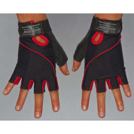 Two hands display HAULIN HOOKS GLOVES 'Womens' in black and red, featuring a fingerless design, Velcro straps, padded comfort for intense workouts, and easy machine washability.