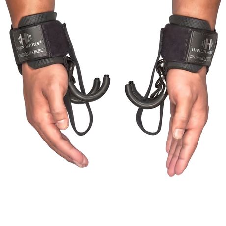 Two hands wearing HAULIN HOOKS 'ORIGINALS' Hooks for Weightlifting Extreme, palms facing inward.