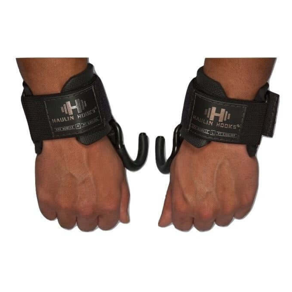 Two hands using HAULIN HOOKS 'PROFESSIONAL', featuring black lifting straps with metal hooks, offer excellent deadlift support with added neoprene wrist protection for comfort and stability.