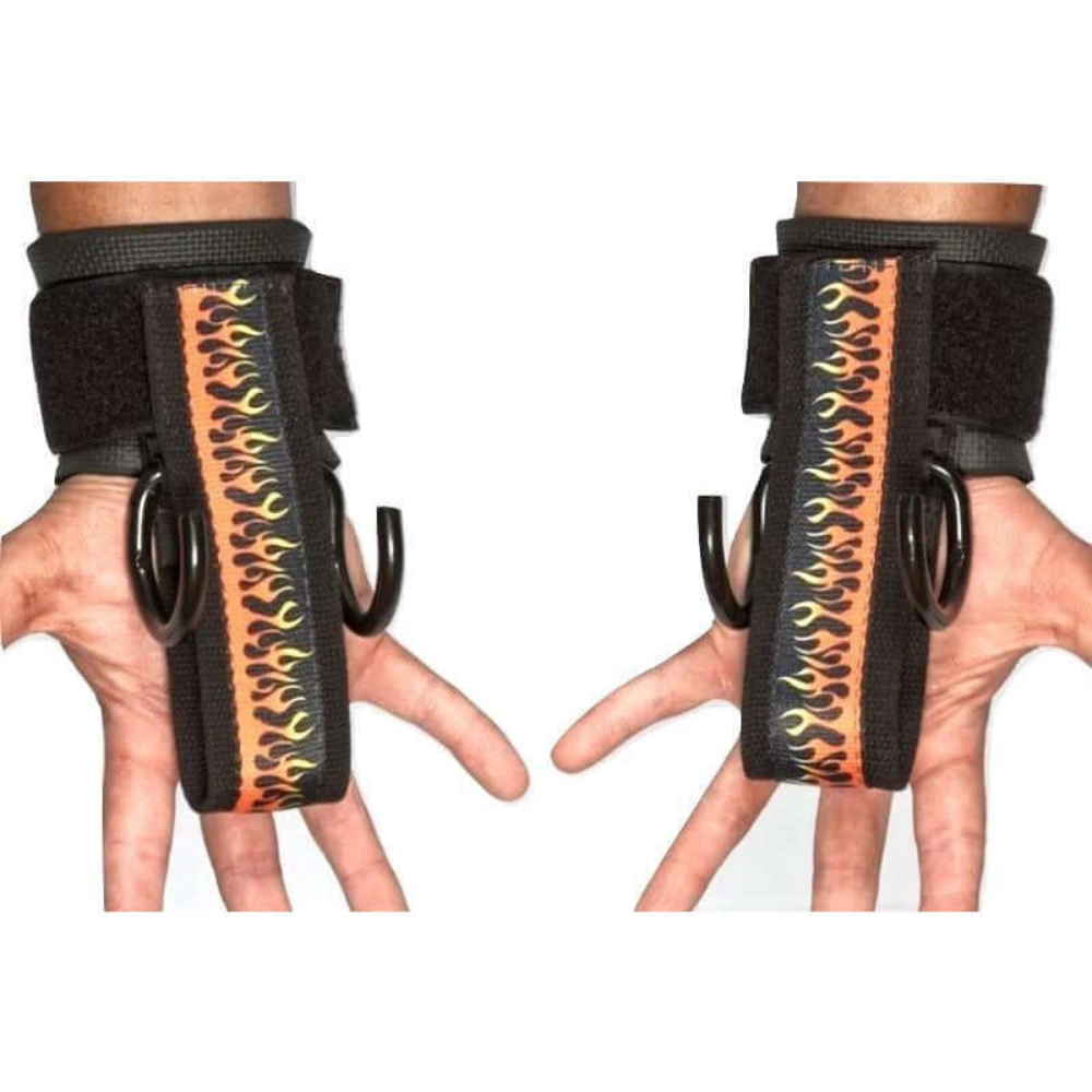 Two hands don HAULIN HOOKS 'PROFESSIONAL' wrist support with fiery flame designs and strong metal hooks, ideal for improving grip during deadlifts.
