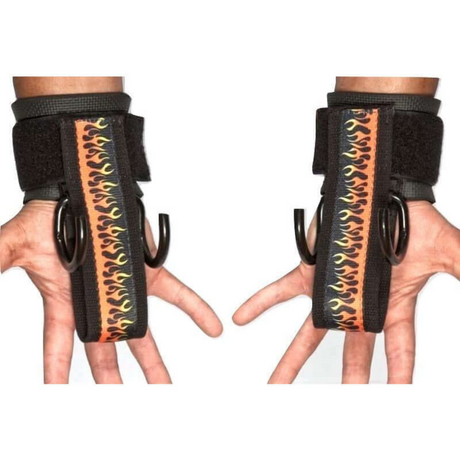 Two hands don HAULIN HOOKS 'PROFESSIONAL' wrist support with fiery flame designs and strong metal hooks, ideal for improving grip during deadlifts.