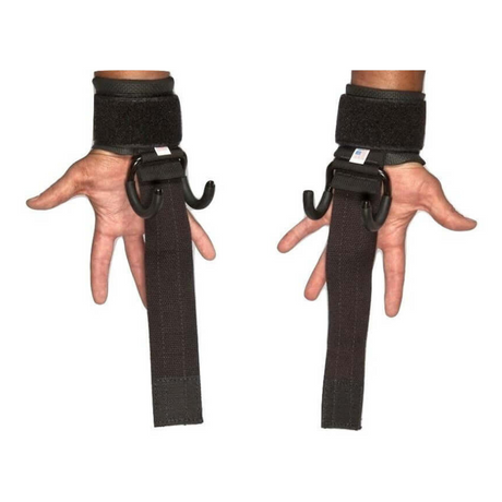 Hands adorned with HAULIN HOOKS 'PROFESSIONAL', featuring black wrist straps and attached hooks, offer neoprene protection to enhance grip strength, ideal for deadlifts.