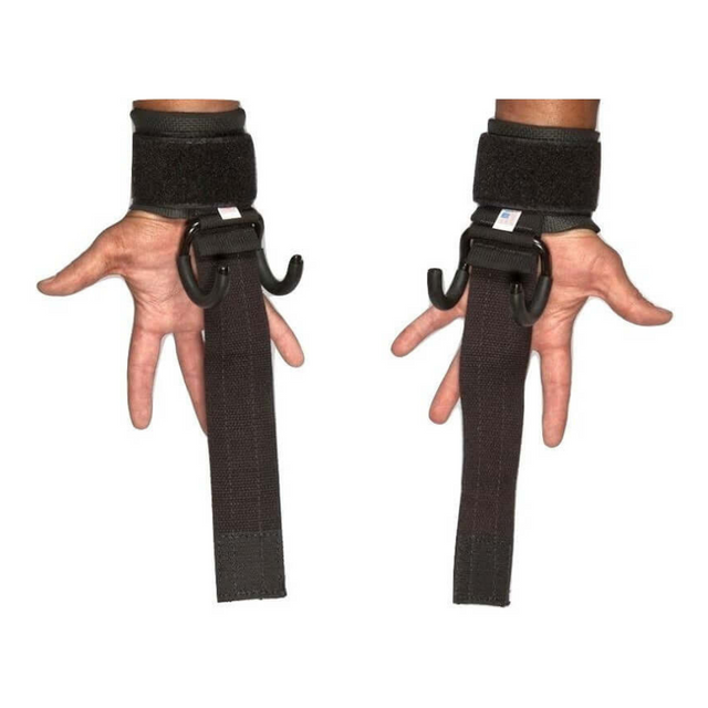 Hands adorned with HAULIN HOOKS 'PROFESSIONAL', featuring black wrist straps and attached hooks, offer neoprene protection to enhance grip strength, ideal for deadlifts.