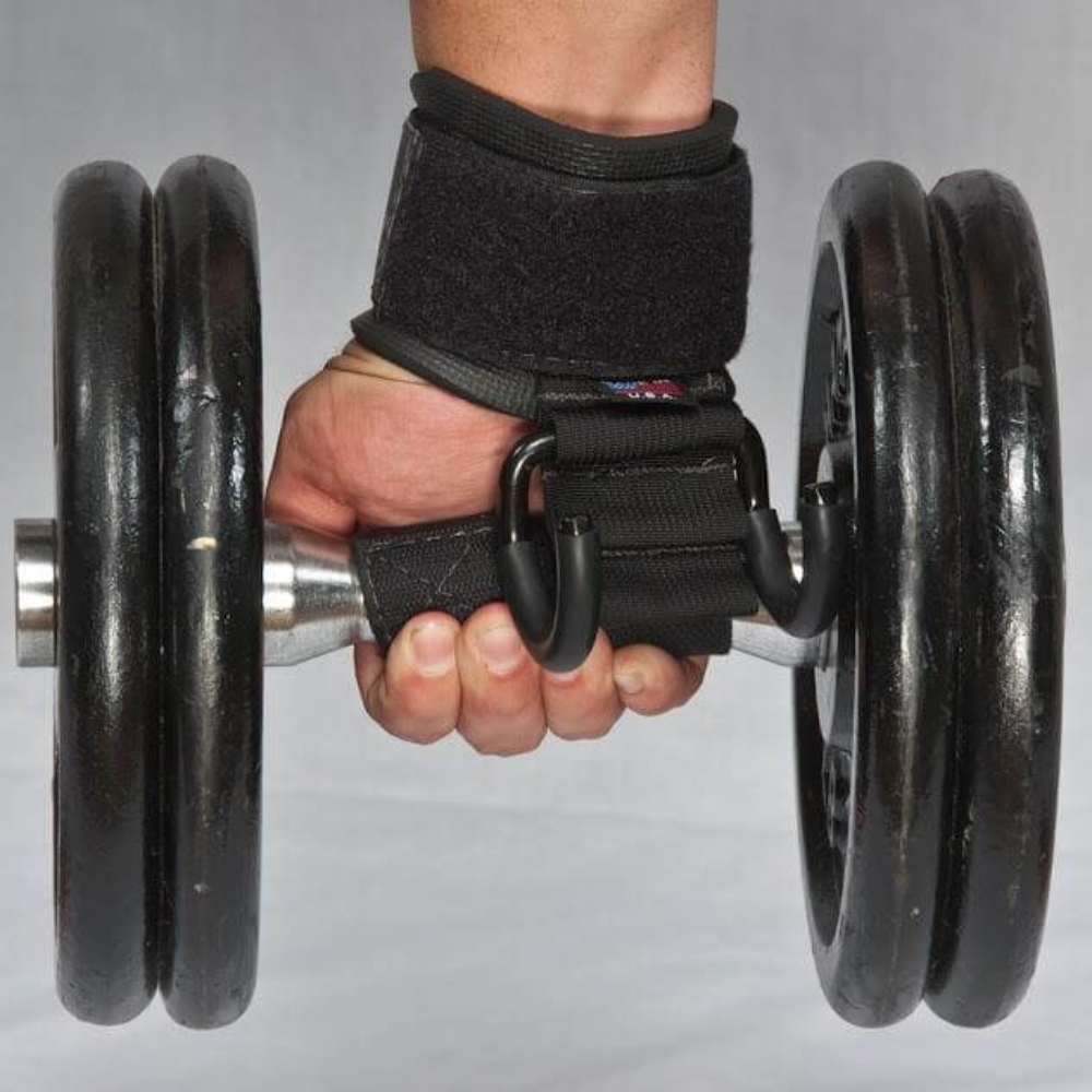 A hand wearing HAULIN HOOKS 'PROFESSIONAL' grips a black dumbbell with two large weight plates on each side, poised for intense deadlifts.