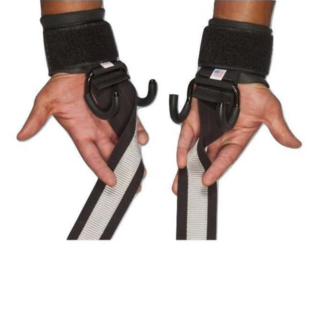 Two hands adorned with HAULIN HOOKS 'PROFESSIONAL' black neoprene wrist protection grip hooks, each secured by a striped band.