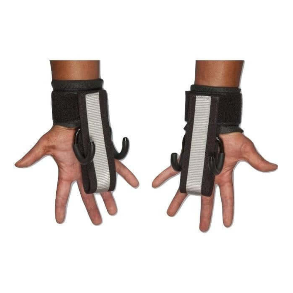 Two hands wear HAULIN HOOKS 'PROFESSIONAL' black weightlifting straps with hooks and Velcro wristbands, ideal for deadlifts, palms facing downward.
