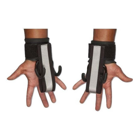 Two hands wear HAULIN HOOKS 'PROFESSIONAL' black weightlifting straps with hooks and Velcro wristbands, ideal for deadlifts, palms facing downward.