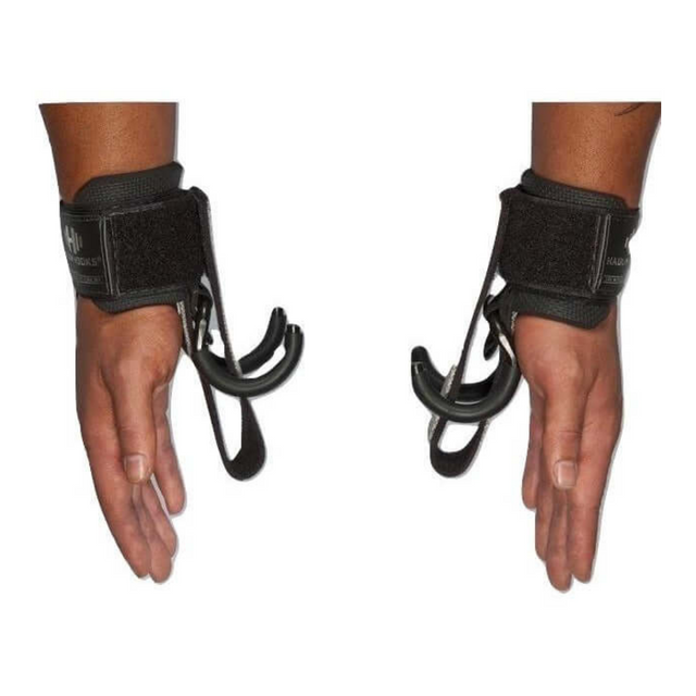 Two hands using HAULIN HOOKS 'PROFESSIONAL' black lifting straps with hook attachments, perfect for deadlifts, offering excellent support and neoprene wrist protection.