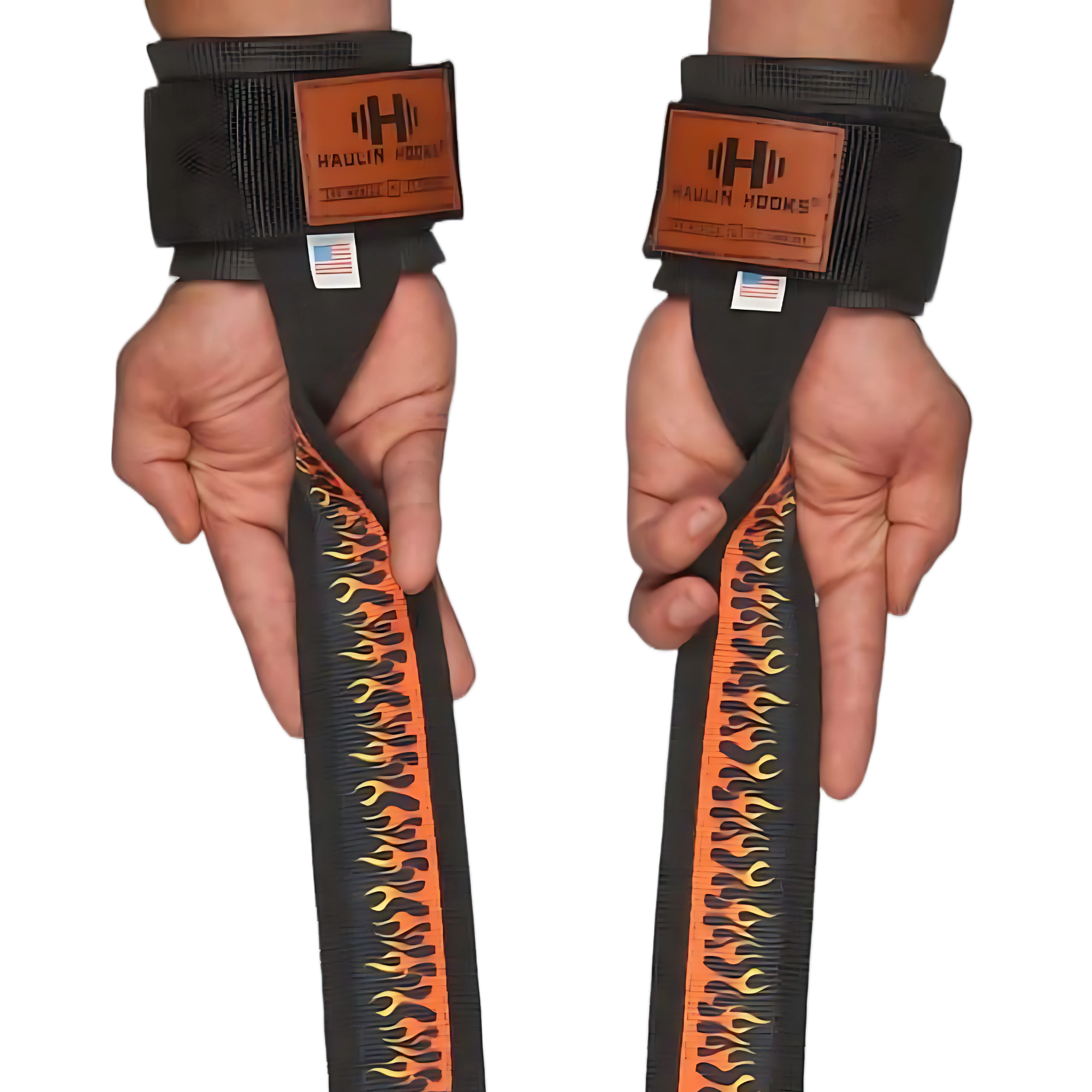 Two hands wear HAULIN HOOKS 'STRAPS 1000' black heavy-duty lifting straps with flame designs and labels, offering perfect grip and support for deadlifts.