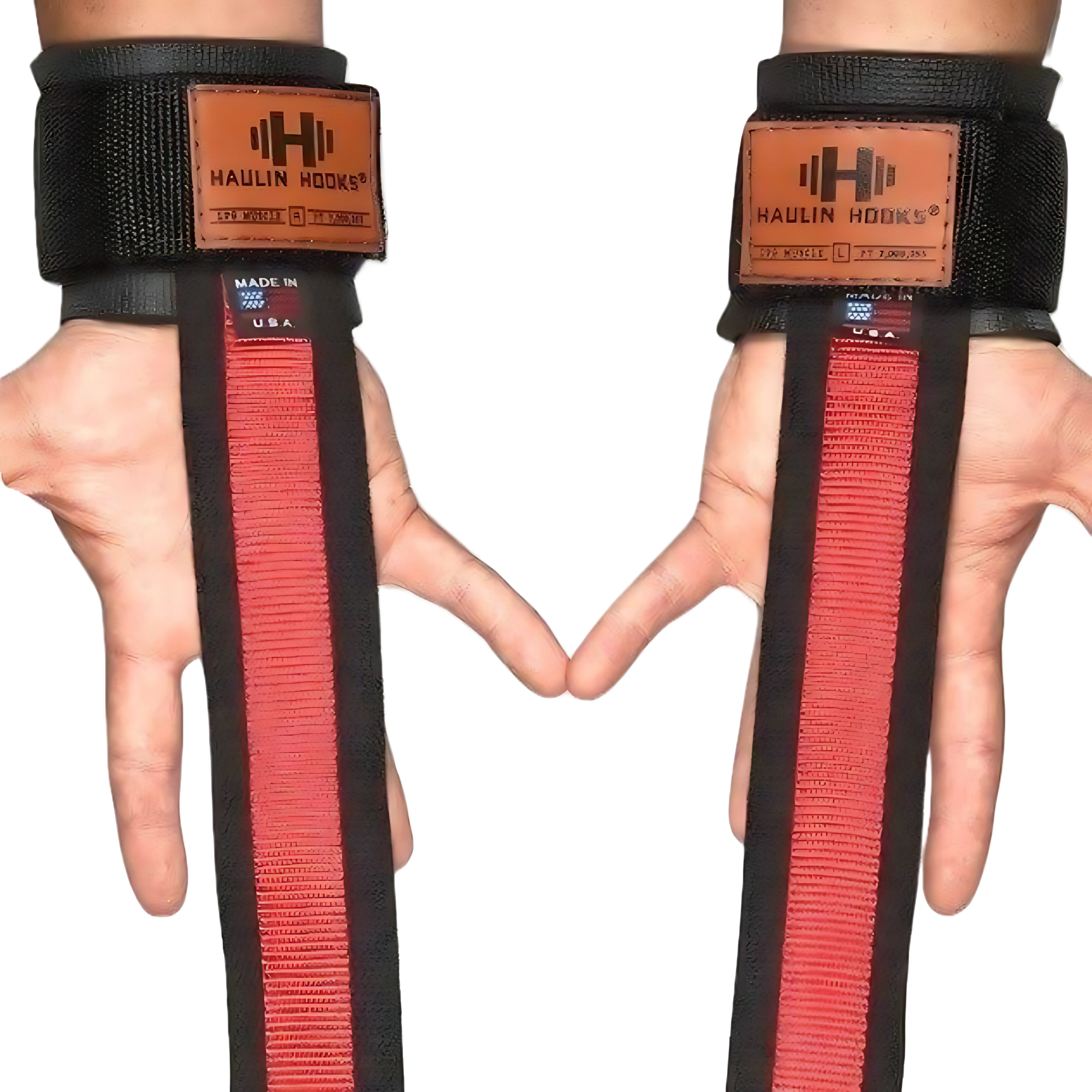 Two hands wearing black HAULIN HOOKS 'STRAPS 1000' heavy duty lifting straps with red accents and brown labels, ideal for extra grip during weightlifting wrist strap workouts.