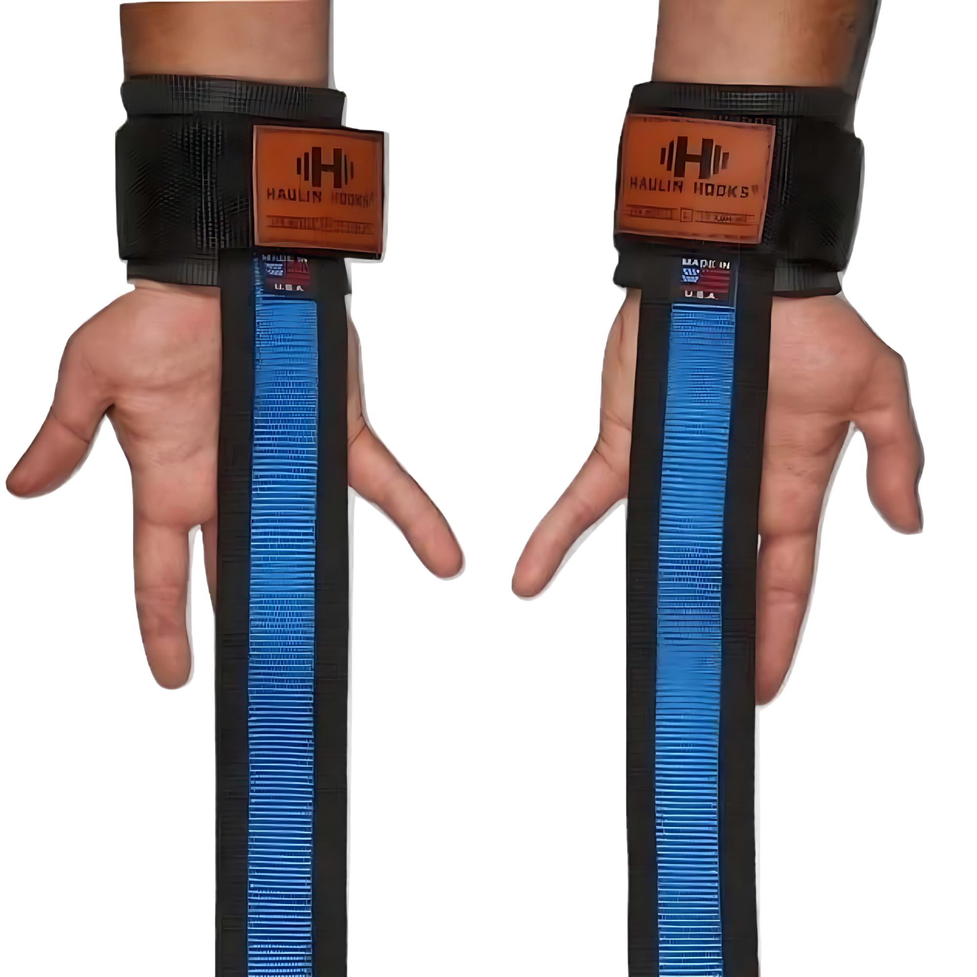 Two hands wear black and blue HAULIN HOOKS 'STRAPS 1000' wrist straps, ideal as heavy-duty lifting straps to boost your grip during intense workouts.