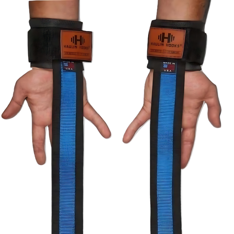 Two hands wear black and blue HAULIN HOOKS 'STRAPS 1000' wrist straps, ideal as heavy-duty lifting straps to boost your grip during intense workouts.