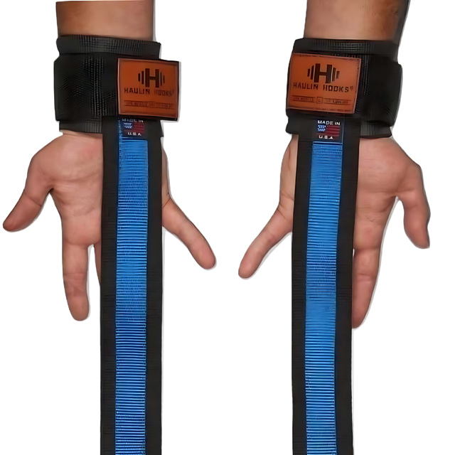 Two hands wear black and blue HAULIN HOOKS 'STRAPS 1000' wrist straps, ideal as heavy-duty lifting straps to boost your grip during intense workouts.