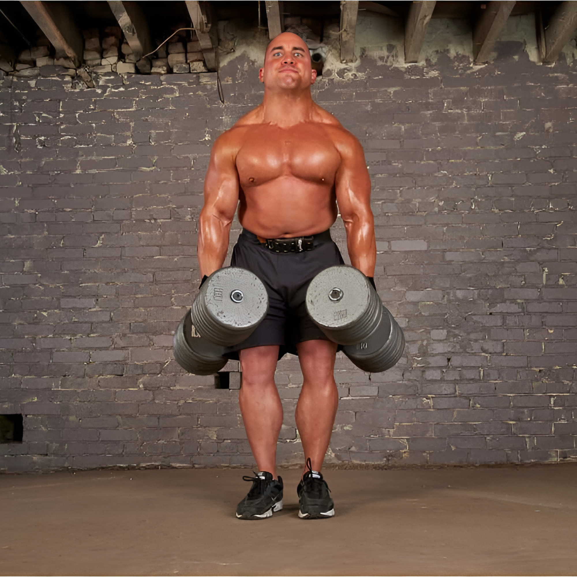Muscular man in gym shorts lifting heavy dumbbells using HAULIN HOOKS 'STRAPS 1000' heavy-duty lifting straps in front of a brick wall.