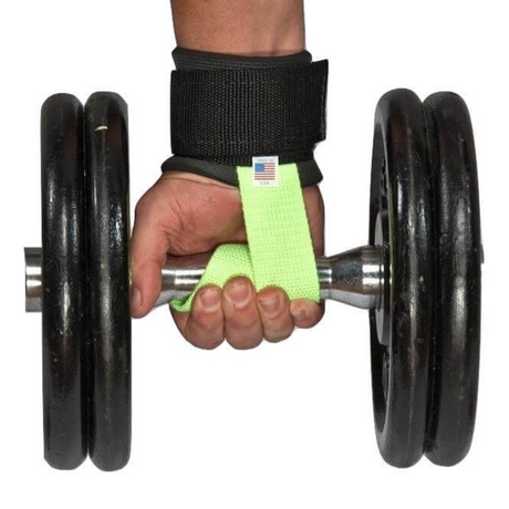 A hand firmly grips a dumbbell wrapped with USA-made HAULIN HOOKS 'STRAP 650' featuring green lifting straps and black wrist support, enhanced with neoprene padding for ultimate comfort and performance.