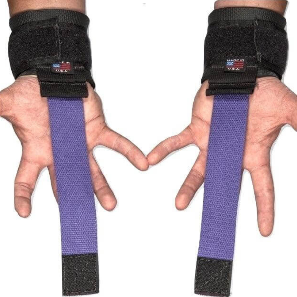 Hands using HAULIN HOOKS 'STRAP 650' with black wrist straps and long purple lifting straps, featuring neoprene wrist padding for added comfort.
