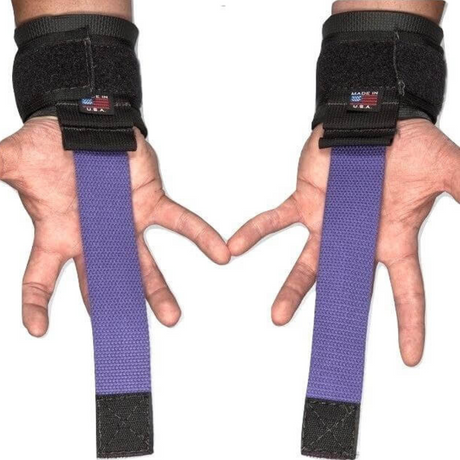 Hands using HAULIN HOOKS 'STRAP 650' with black wrist straps and long purple lifting straps, featuring neoprene wrist padding for added comfort.