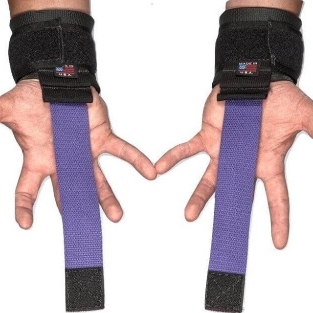 Hands using HAULIN HOOKS 'STRAP 650' with black wrist straps and long purple lifting straps, featuring neoprene wrist padding for added comfort.
