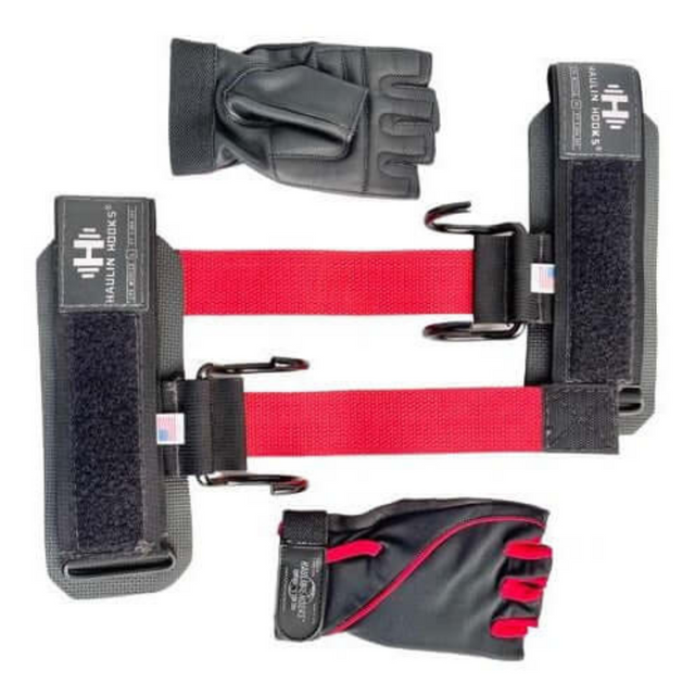 HAULIN HOOKS 'WOMENS' features stylish black and red lifting straps paired with sleek black lifting gloves set against a white background, ideal for women fitness enthusiasts.